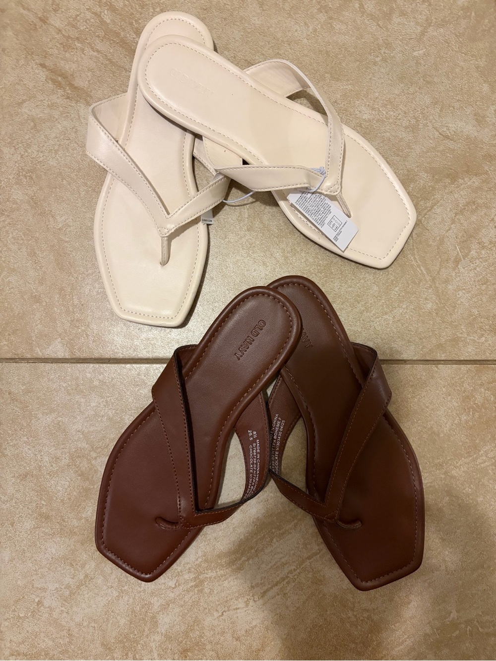 Bundle of 2 Old Navy Square-Toe Flip Flop Sandals in Cream and Brown
